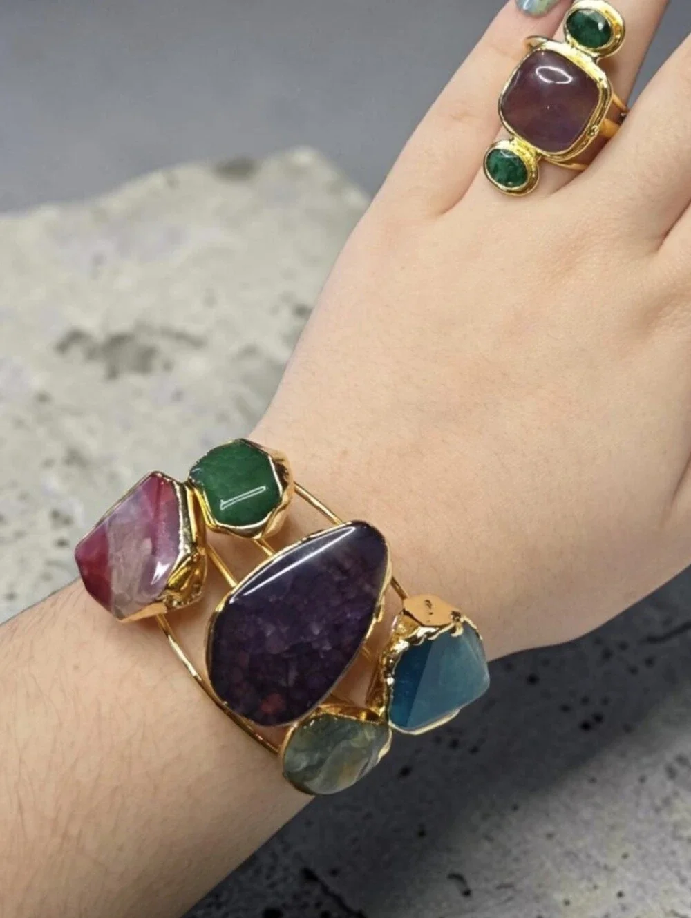 18k Gold Plated Chunky Artisan Agate Natural Stone Multi Color Cuff Bracelet